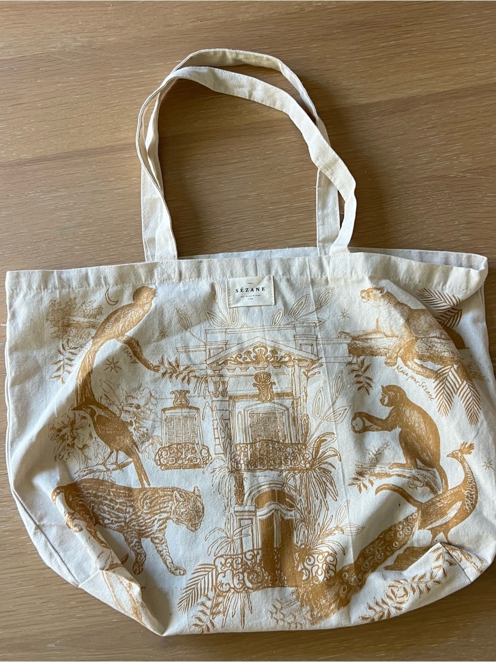 Sezane Cream Canvas Tote with Gold Animal Print